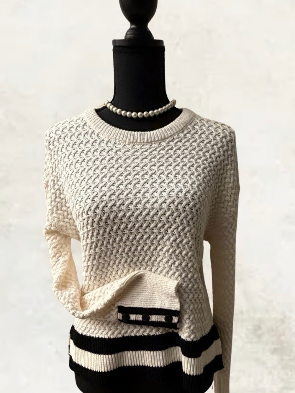Textured Cream Crewneck Sweater with Black Stripe Accent